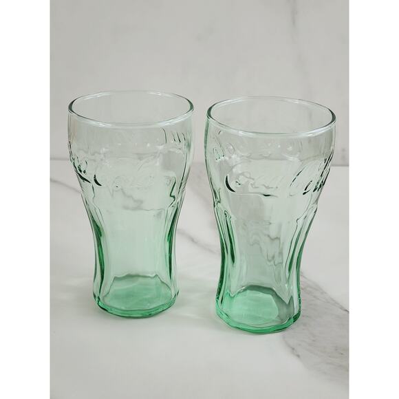Coca Cola Coke Green Mini Glass 6.25 oz Drinking Glasses 4 1/4" Logo Embossed x2 - Picture 1 of 12